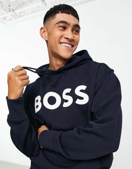 BOSS Orange WebasicHood large logo hoodie in navy | ASOS