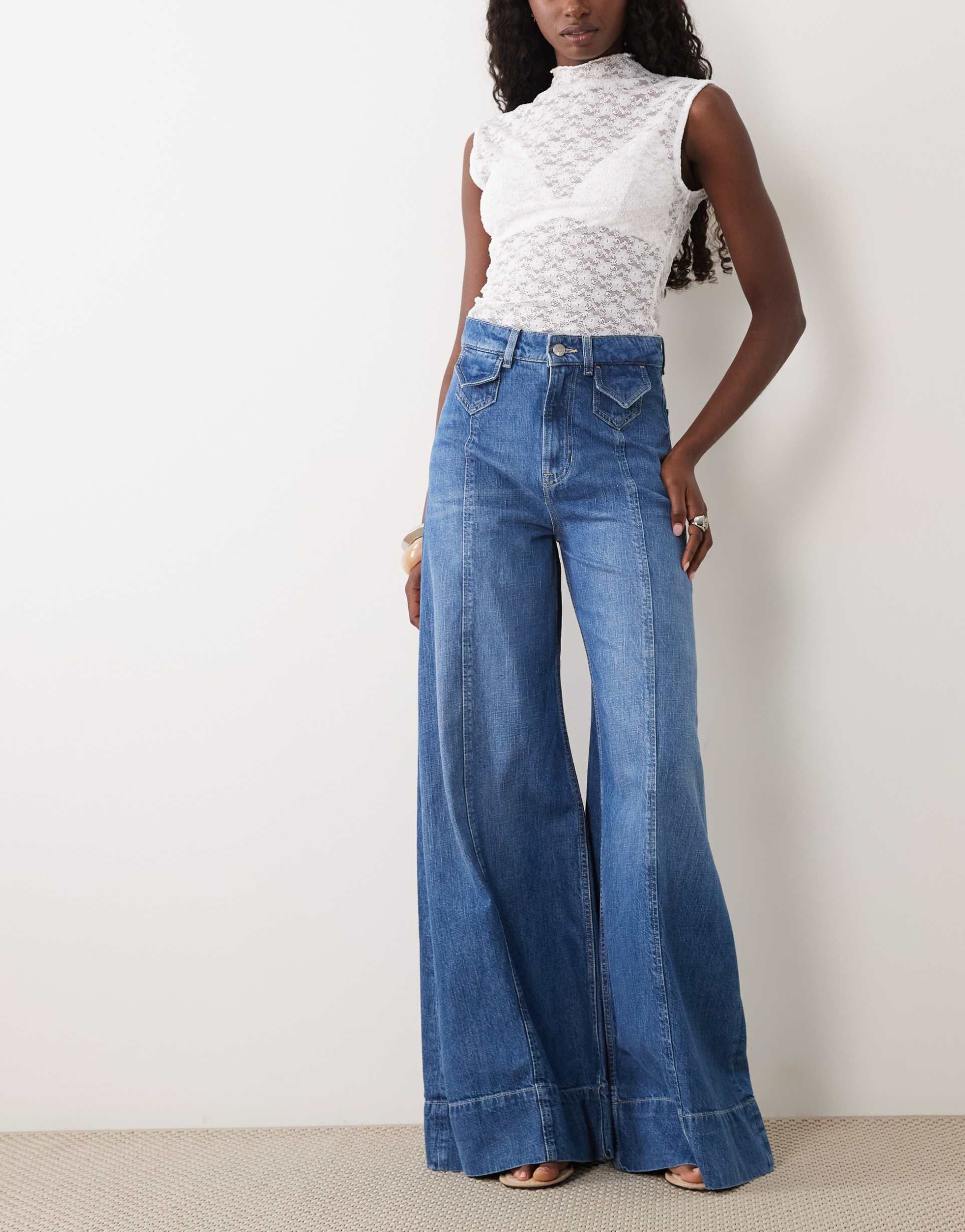 boss orange wide leg jeans in mid blue - part of a set