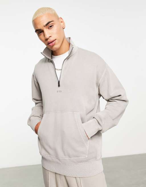 BOSS Orange Zefadehalf 1/4 zip sweatshirt in washed open grey