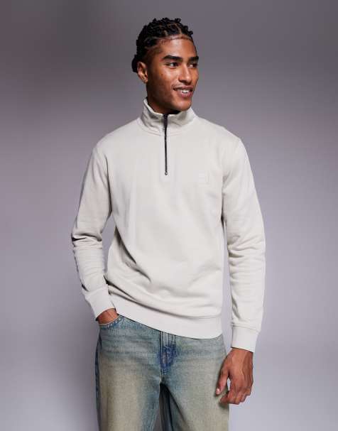 BOSS Orange – Zetrust – Sweatshirt mit kurzem Reißverschluss und Ton-in-Ton-Logo in Hellbeige - view 1