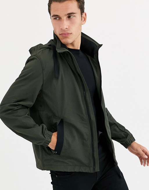 BOSS Ovodo water resistant hooded jacket with rubberised logo in khaki