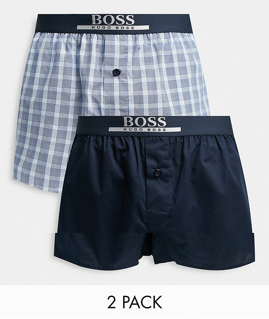 BOSS - Pakke med 2 par vævede boksershorts i ensfarvet og med tern i blå og marineblå