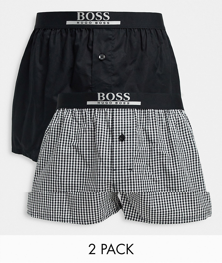 BOSS - Pakke med 2 par vævede boksershorts i ensfarvet og med tern i sort og grå