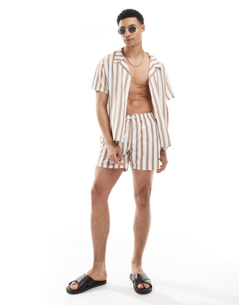 BOSS - Pantaloncini da bagno a righe beige e bianchi - view 1