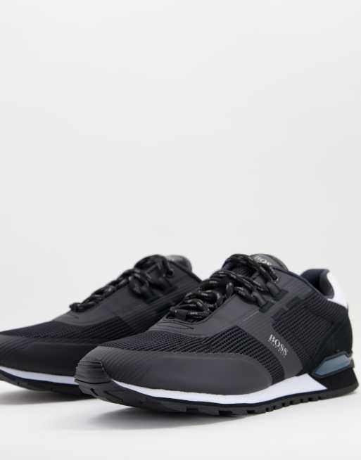 BOSS Parkour Runn leather mesh mix trainers in black | ASOS