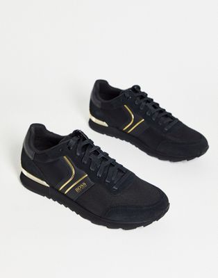 BOSS Parkour Runn trainers with suede panels in black/ gold - ASOS Price Checker