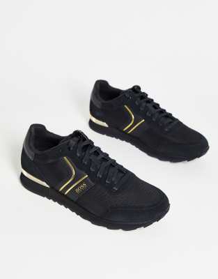 BOSS Parkour Runn trainers with suede panels in black/ gold - ASOS Price Checker