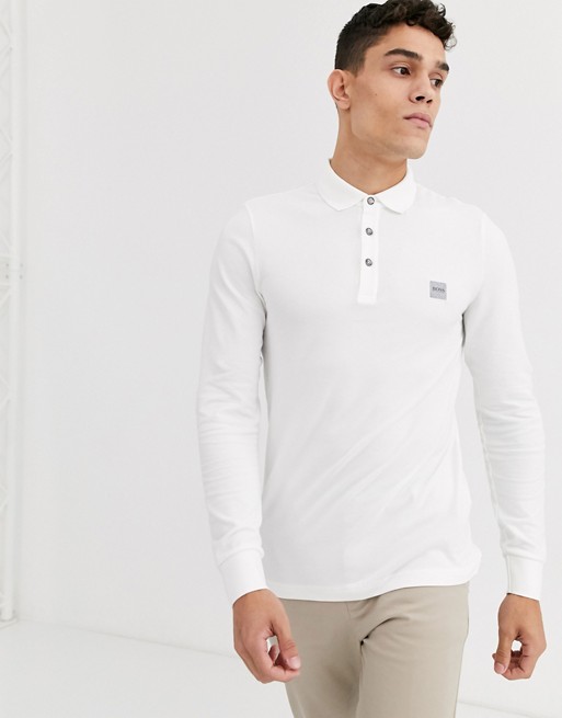 BOSS Passerby slim fit long sleeve logo polo in white