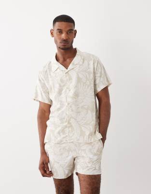 Boss Bodywear Boss Piranha Leaf Print Co-ord Shirt In Neutral