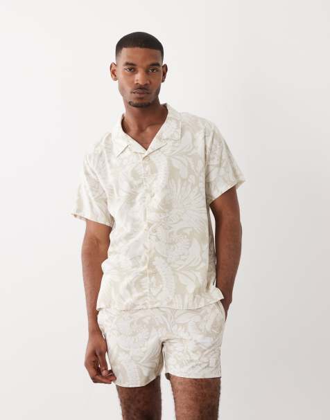 Boss Piranha leaf print co-ord shirt in beige - view 1