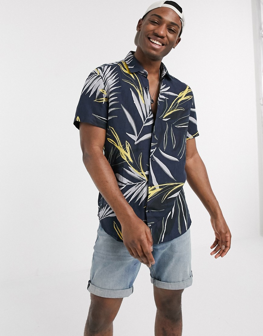 BOSS - Rash - Overhemd met korte mouwen en bladerprint in marineblauw