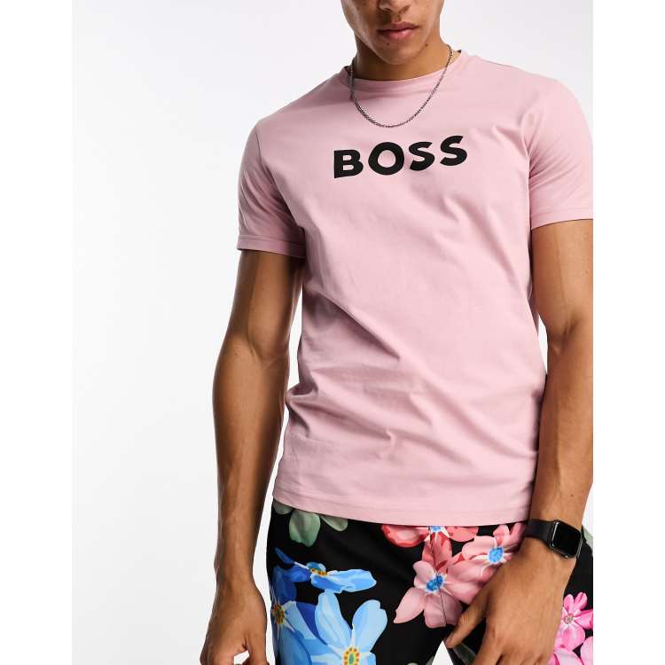 BOSS - Regular-fit beach T-shirt with striped logo artwork