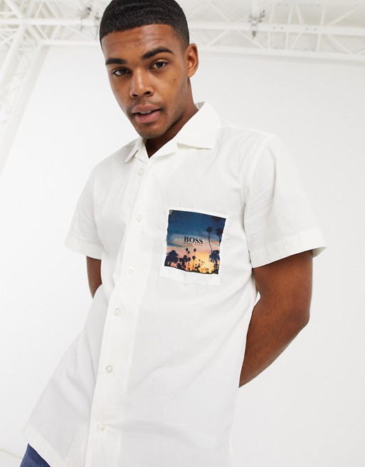BOSS Rhythm short sleeve revere shirt with pocket print in white