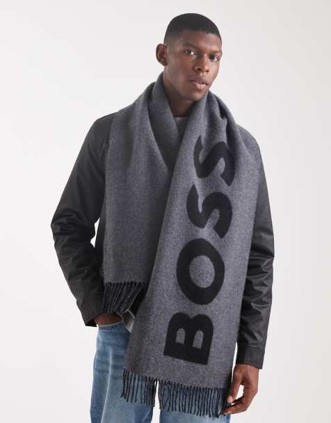Boss Rikard large logo pure wool scarf in mid grey - view 1