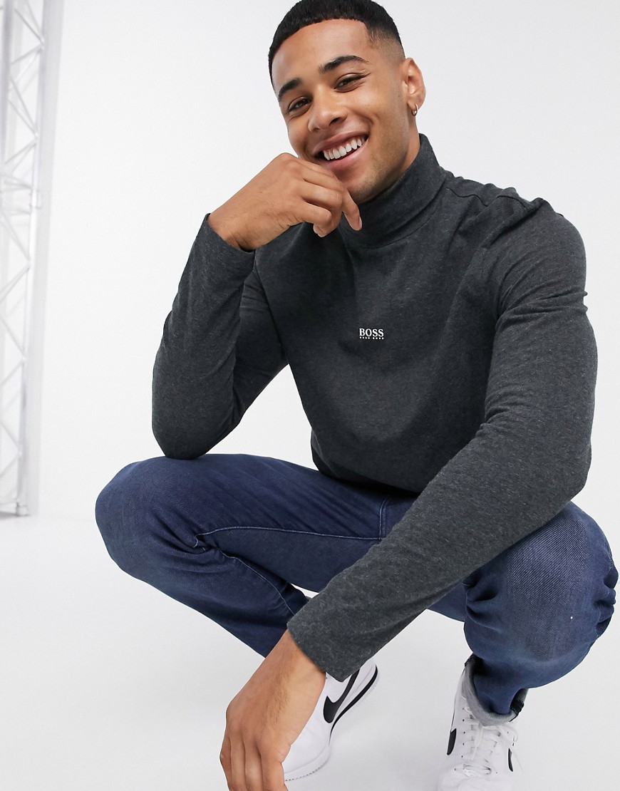 BOSS roll neck long sleeve top with contrast logo in black