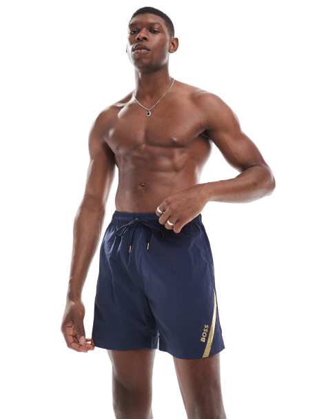 Boss Roman swim shorts in navy and gold - view 1