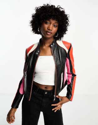 BOSS Satori colour block leather jackets in black - ASOS Price Checker