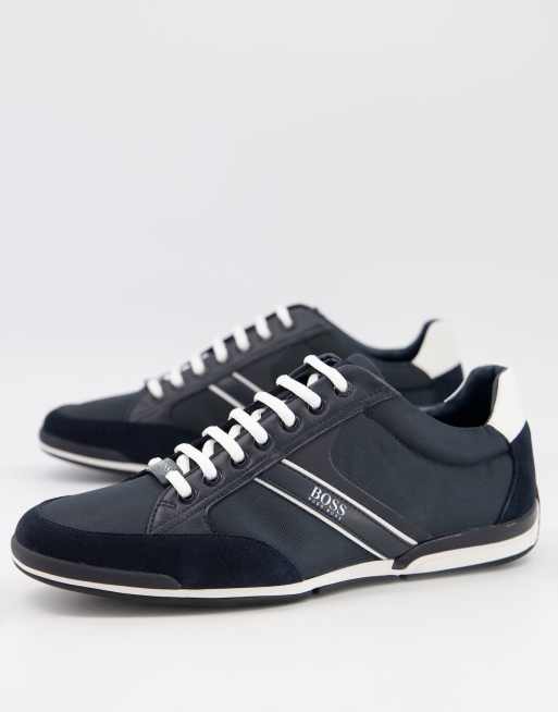 BOSS - Saturn Lowp - Leren sneakers met suède inzetstukken in zwart
