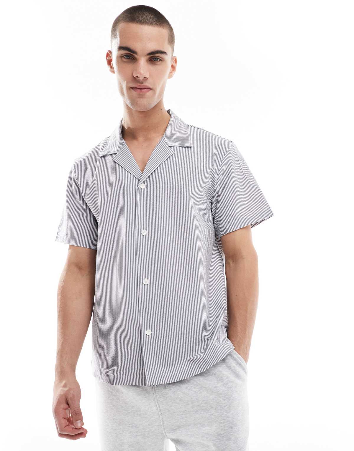 Boss seersucker striped shirt in blue and white
