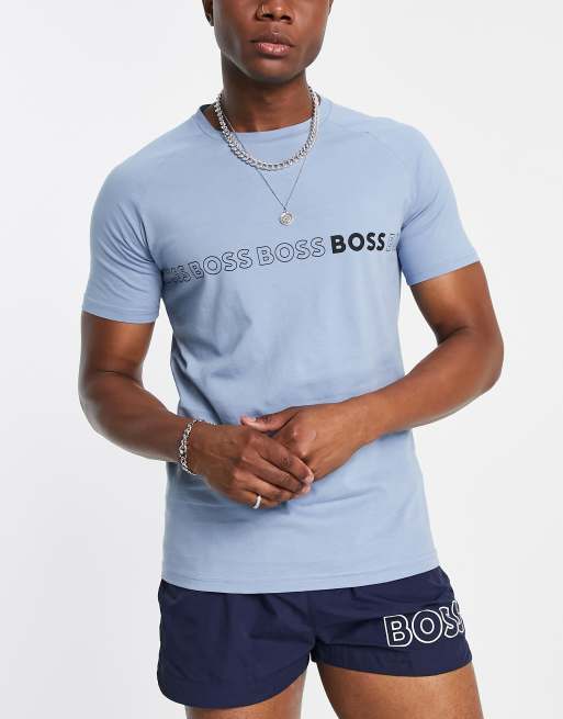BOSS slim fit beach t-shirt with central repeat logo in light blue