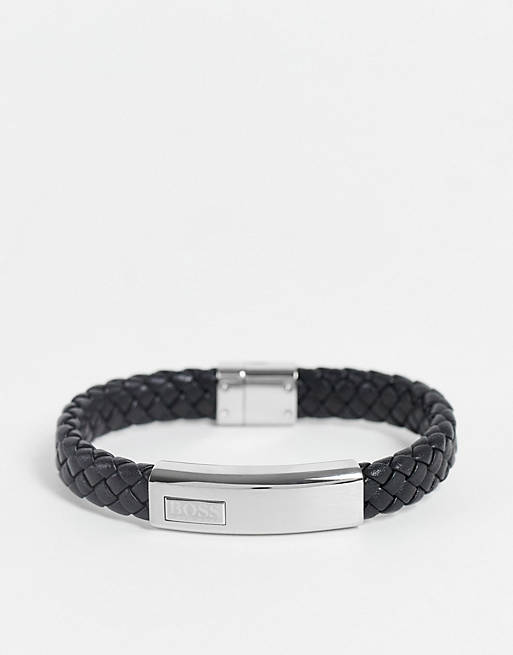 Boss stainless steel bar leather bracelet in black 1580178m