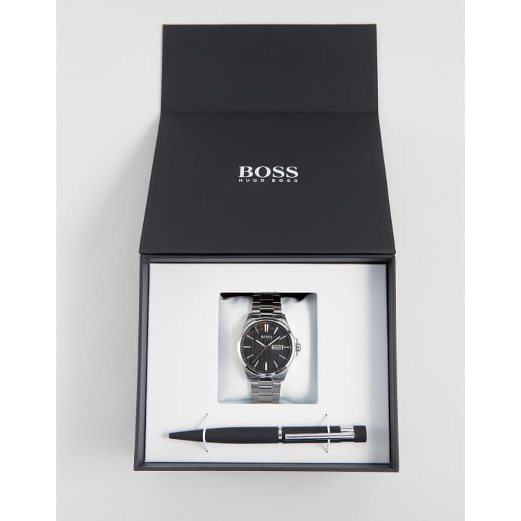 BOSS Stainless Steel Watch Pen Gift Set In Black