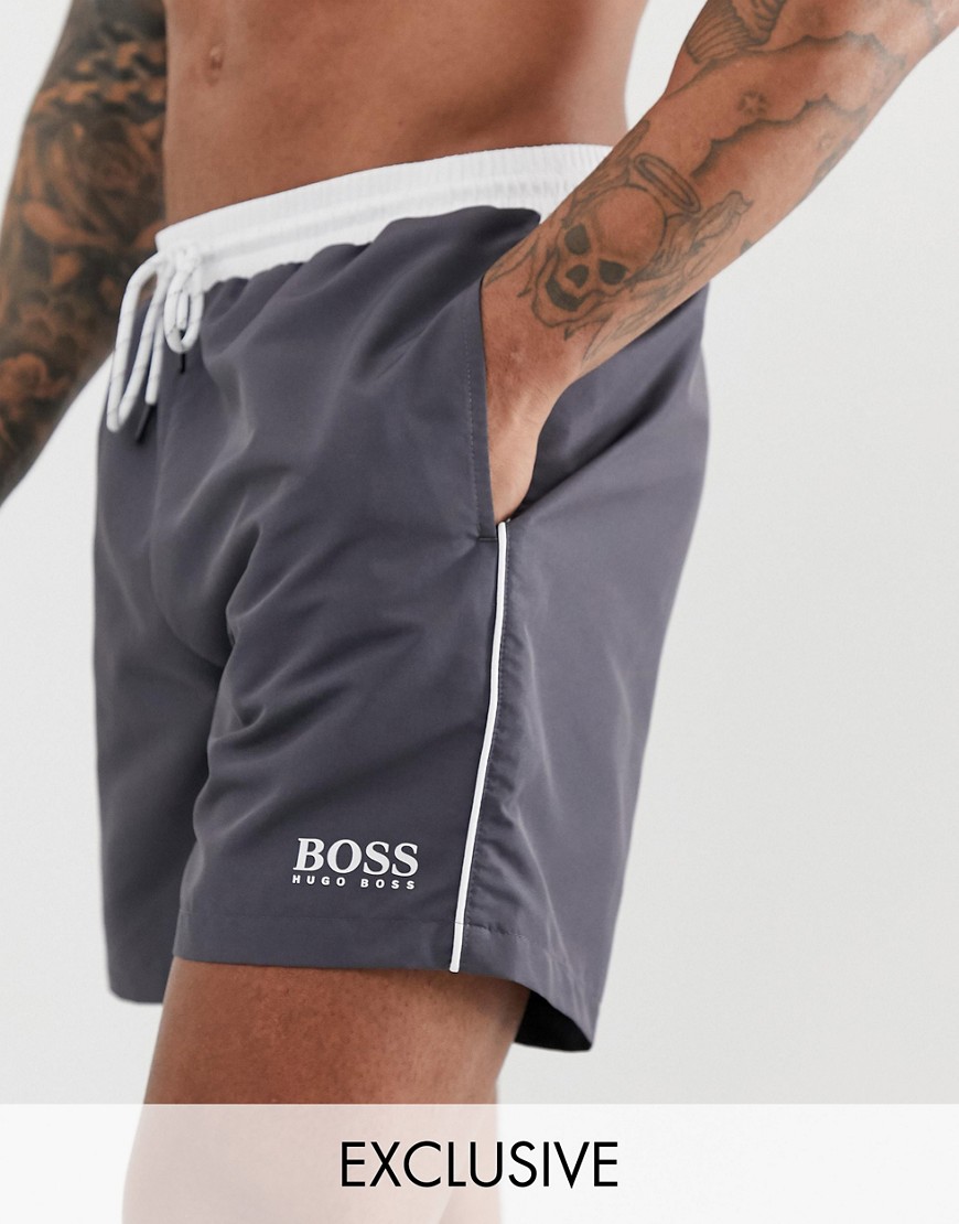 BOSS Star Fish swim shorts in dark gray Exclusive at ASOS