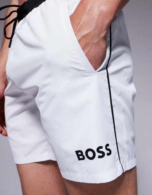 BOSS - Starfish - Short de bain à ceinture contrastante et logo - Blanc, 4 de 4