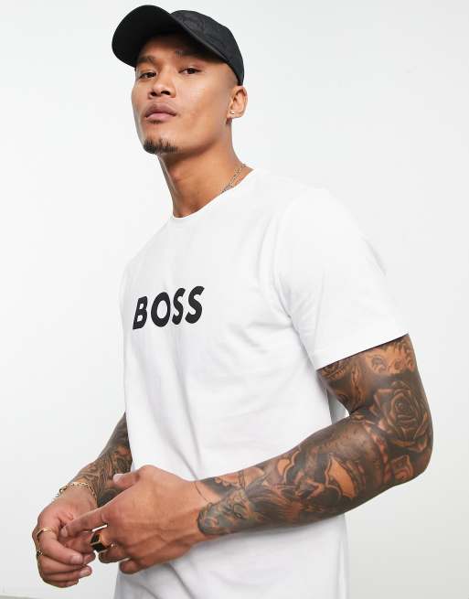 BOSS – Strand-T-Shirt in Weiß