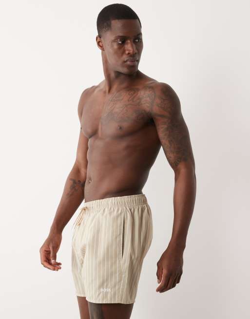 BOSS – Sunfish – Gestreifte Badeshorts in Beige, 3 von 5
