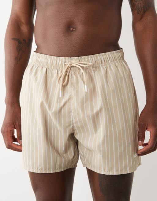BOSS – Sunfish – Gestreifte Badeshorts in Beige, 4 von 5