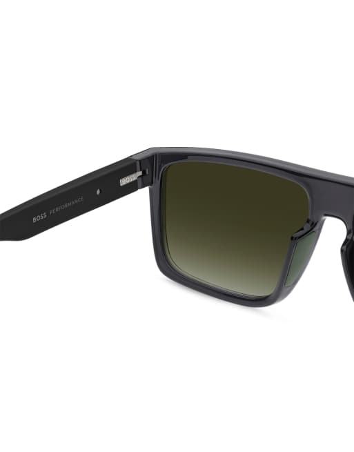 Boss Sunglasses Boss rectangular flat-top sunglasses with green shaded gradient lenses in grey, 3 of 7