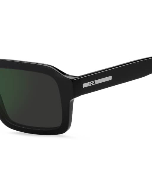 Boss Sunglasses Boss rectangular sunglasses - black with grey high-contrast green mirror lenses in black, 5 of 6