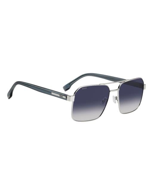 Boss Sunglasses Boss square double-bridge sunglasses with blue shaded gradient lenses in silver, 3 of 6