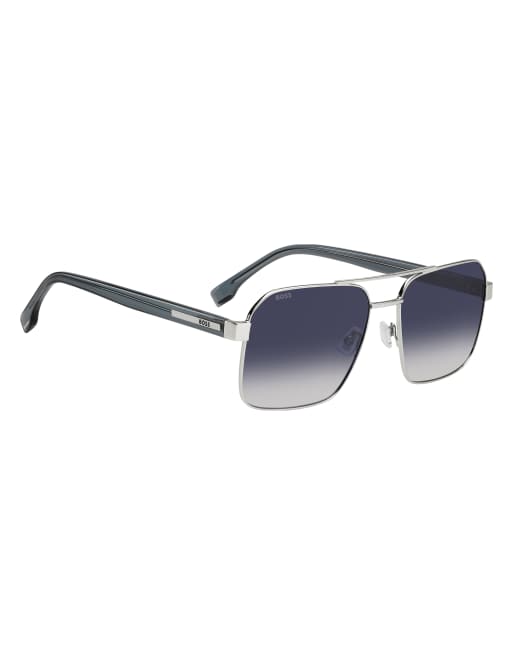 Boss Sunglasses Boss square double-bridge sunglasses with blue shaded gradient lenses in silver, 6 of 6