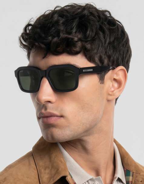 BOSS Sunglasses lunettes de soleil rectangulaires noires avec verres miroir verts à contraste élevé gris - view 1