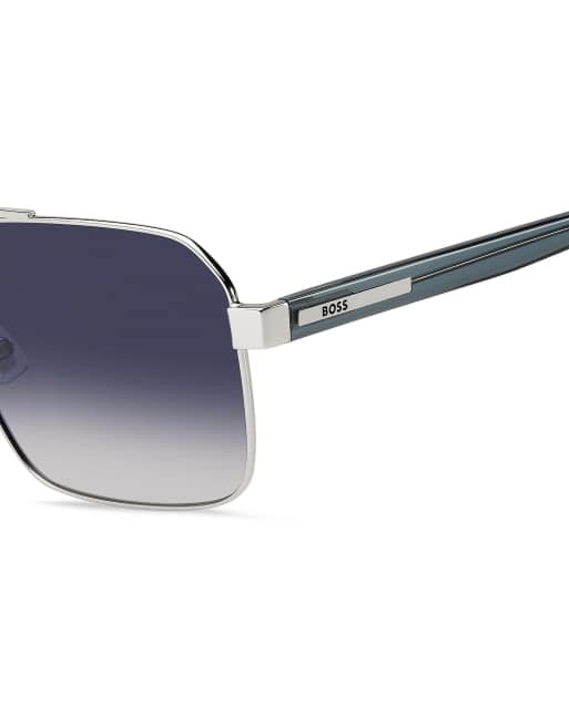 Boss Sunglasses occhiali da sole squadrati con doppio ponte, lenti sfumate blu, color argento, 4 di 6