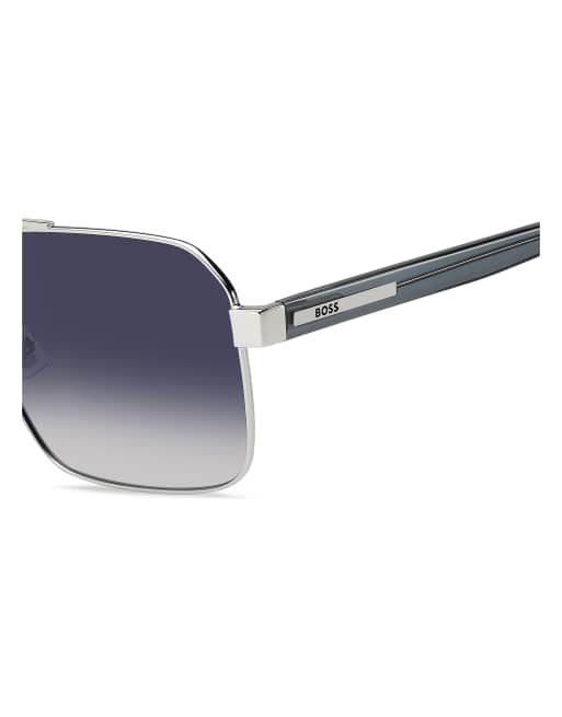 Boss Sunglasses occhiali da sole squadrati con doppio ponte, lenti sfumate blu, color argento, 5 di 6