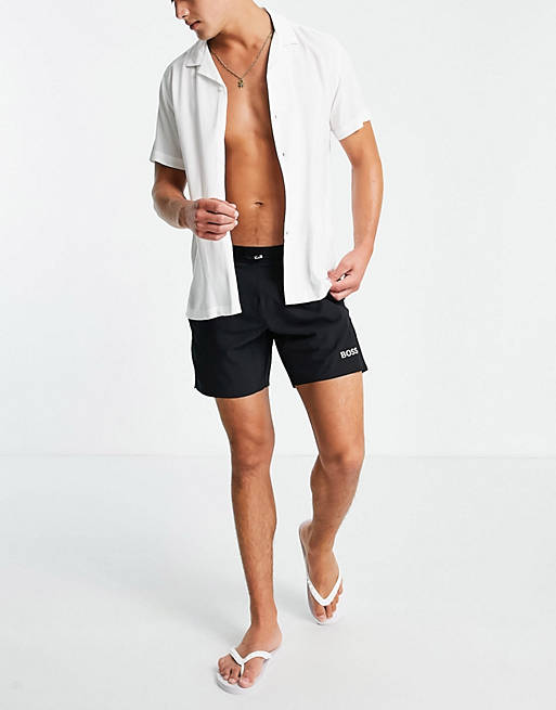  BOSS Surfish exposed tonal logo waistband swim shorts in black 