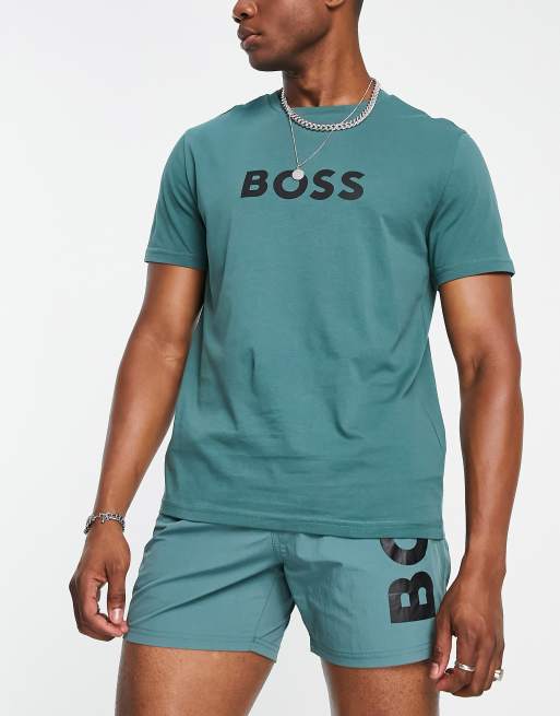BOSS – Swimwear – Grön t-shirt för stranden med logga på bröstet