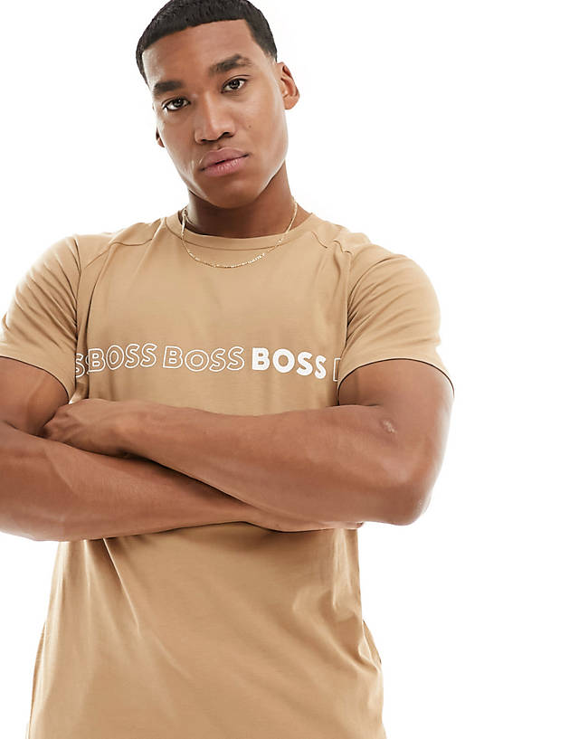 BOSS Bodywear - BOSS Swimwear slim fit beach t-shirt with central repeat logo in beige