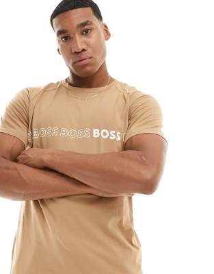 BOSS Swimwear slim fit beach t-shirt with central repeat logo in beige - ASOS Price Checker