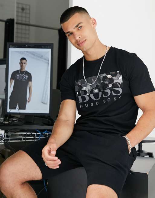 BOSS Teally printed panel t-shirt with large logo in black