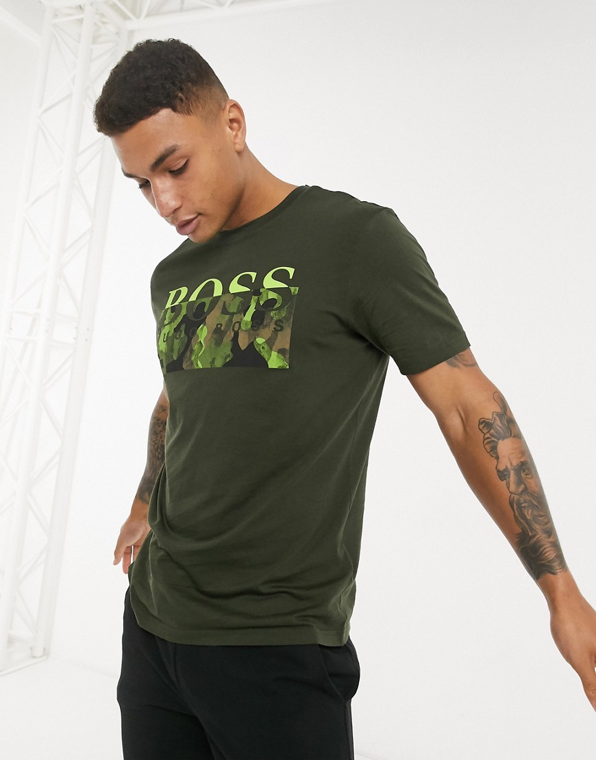 BOSS Thady 1 large printed camo logo T-shirt in khaki-Green