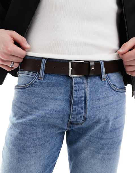 BOSS Ther logo buckle leather belt in dark brown - view 1