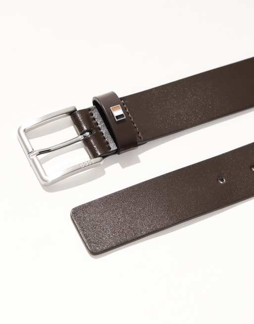 BOSS Ther logo buckle leather belt in dark brown, 2 of 3