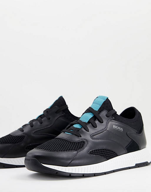 BOSS Titanium Runn leather trainers with lightweight sole in black