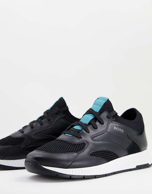 BOSS Titanium Runn leather trainers with lightweight sole in black | ASOS