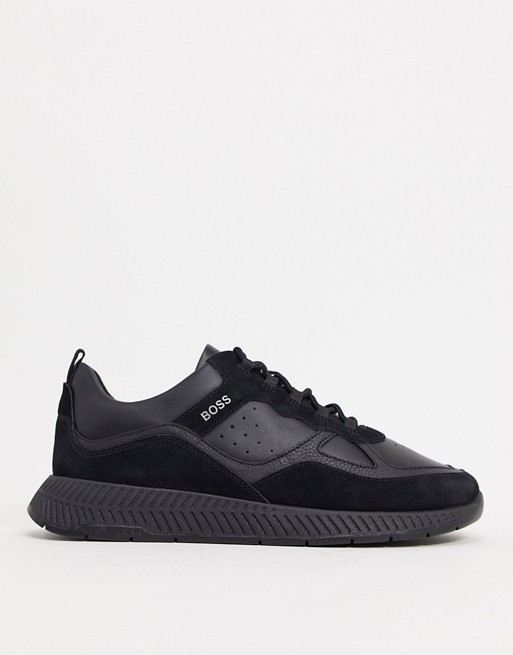 BOSS Titanium Runn leather trainers with suede panels in black