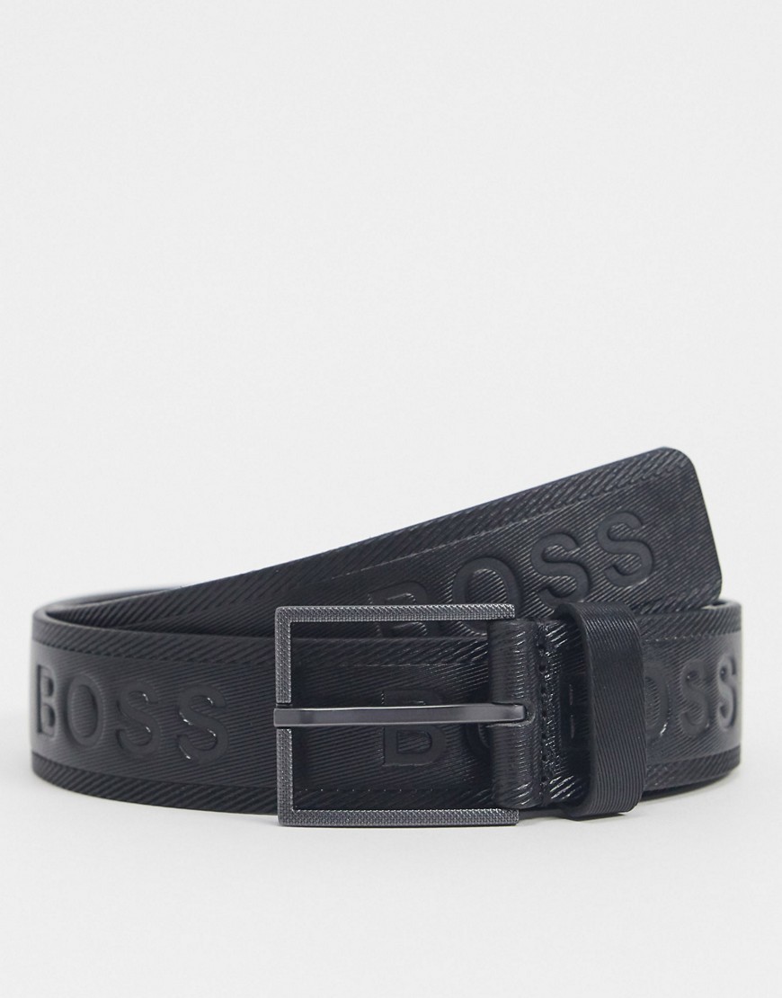 BOSS - Tril - Leren riem met logo in reliëf in zwart